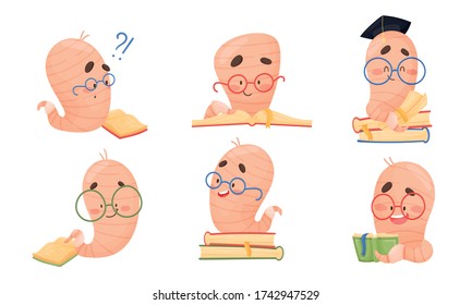 Funny Worm Wearing Glasses Reading Books Vector Set