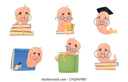 Funny Worm Wearing Glasses Sitting on Books and Reading Vector Set