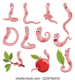Funny worms collection. Soil crawlers with various emotion expressions. Set happy, amazement, pensive, upset apple grubs. Earth worm cartoon characters, wildlife nature. Insects for kids illustration