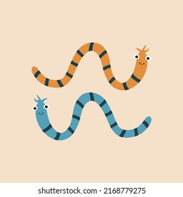 Funny worms hand drawn vector illustration. Colorful animal character in flat style for kids logo or icon.