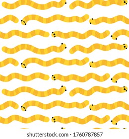 Funny worms. Vector seamless pattern. Childish summer colorful background in simple cartoon hand-drawn style. Cute baby illustration of comic yellow caterpillars on a white background.