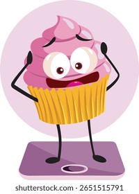 
Engraçado Preocupado Cupcake Pesando-se em uma escala Vetor Desenho Animado. Sensação de muffin desesperado preocupado com peso e calorias 