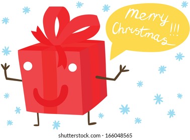 Funny Wrapped Gift Character with Merry Christmas Speech Bubble
