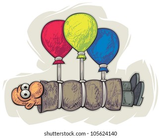 Funny wrapped man flying attached to three colorful balloons