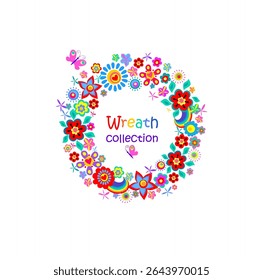 Funny wreath collection with colorful abstract flowers, red poppies and rainbow for greeting card isolated on white background. Part 2