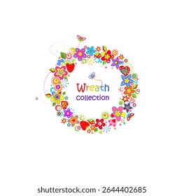 Funny wreath collection with colorful abstract flowers, strawberry and butterflies for greeting card isolated on white background. Part 3