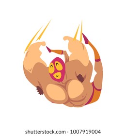 Funny wrestler in flying action. Mixed martial artist. Combat sport concept. Cartoon strong man character in red-orange mask, shorts and socks. Flat vector design