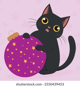 Funny xmas cat sitting with christmas toy. Cute cartoon cool christmas character. Portrait of adorable little stray cat. Vector illustration character design with flat color.