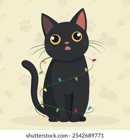 Funny xmas cat sitting. Cute cartoon cool christmas character. Portrait of adorable little stray cat. Vector illustration character design with flat color.