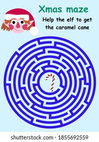 Funny Xmas children maze game stock vector illustration. Educational children game help the elf to get the caramel cane. Merry Christmas and Happy New Year home pastime printable children worksheet.
