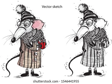 Funny X-mas mouse in winter clothes with a gift. Vector drawing.