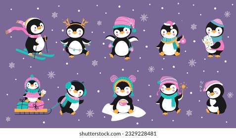 Funny xmas penguins, christmas holidays penguin wear hats and scarves. Cute winter animals, happy funny children nowaday vector characters