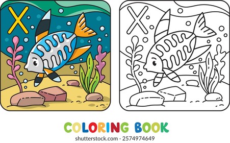 Funny x-ray fish . Animals coloring book for kids