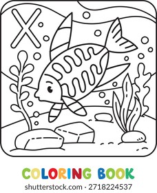Divertido pez de rayos X. Ilustración vectorial de niños. Animales ABC libro para colorear para niños. Alfabeto X