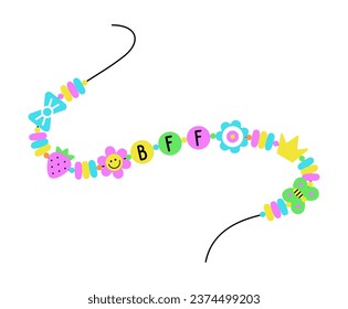 Funny Y2K colorful 90s pop art style vintage bracelet. Best friends forever boho style beaded nostalgic accessory design with BFF abbreviation. EPS 10 vector retro groovy illustration