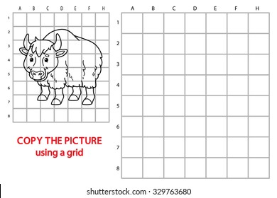 funny yak game. Vector illustration of grid copy puzzle with happy cartoon yak for children