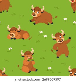 Funny yak seamless pattern. Cartoon yak various poses on green meadow. Funny childish farm cattle animals. Cute print template design, classy vector background