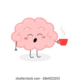 Funny yawning brain cartoon character needs a cup of hot coffee to wake up. Vector flat illustration good morning design concept isolated on white background