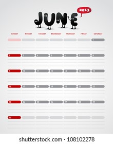 Funny year 2013 vector calendar June