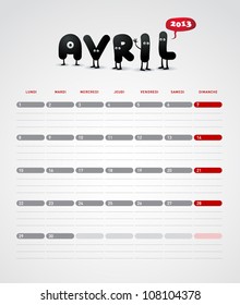 Funny year 2013 vector calendar April -  In French.