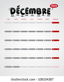 Funny año 2013 calendario vectorial diciembre - En francés.