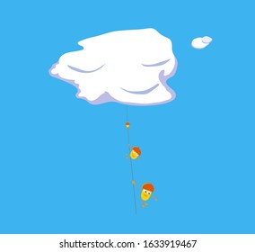 Funny yellow acorns storm a cloud on a rope climbing it high up into the sky, on a blue background