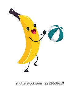 Funny Yellow Banana Character Playing Ball on Beach Having Fun on Summer Vacation Vector Illustration