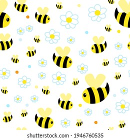Funny yellow bee character. Children repeating pattern with abstract bee in meadow. Vector Seamless pattern with flowers chamomile.