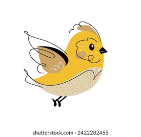 Funny yellow bird with hand drawn black line in doodle style. Vector illustration isolated on a white background. Design element for kids, children