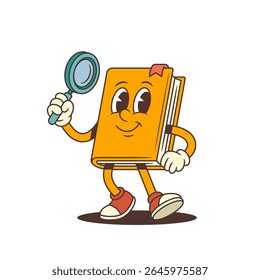 Funny yellow book character with red bookmark and shoes holding magnifying glass in comic emoji style. Perfect for education, library, and learning designs. Vector illustration