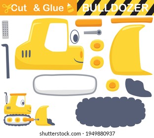 Funny yellow bulldozer. Education paper game for children. Cutout and gluing. Vector cartoon illustration