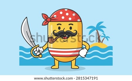 Funny yellow capsule pirate character holding a steel sword and smoking a pipe on a tropical beach background scene.