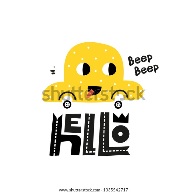 Funny yellow car. Car illustration vector for print\
design. Little one.