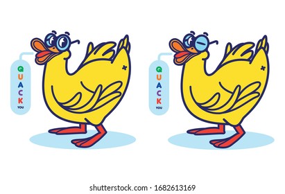 Funny yellow cartoon duck character in glasses speaking "QUACK YOU". Illustration can be used to make blinking animation.