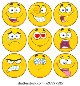 Funny Yellow Cartoon Emoji Face Series Character Set 1. Vector Collection Isolated On White