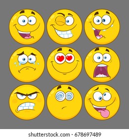 Funny Yellow Cartoon Emoji Face Series Character Set 1. Vector Collection With Gray Background