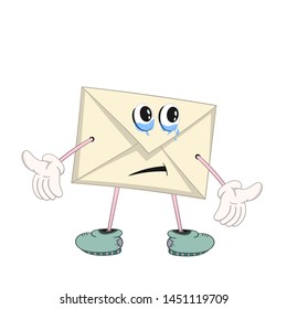 Funny yellow cartoon letter with eyes, hands, feet and mouth shows the emotion of sadness and crying.
