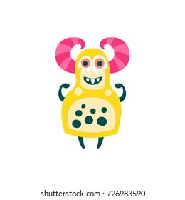 Funny yellow cartoon monster with pink horns, fabulous incredible creature, cute alien vector Illustration