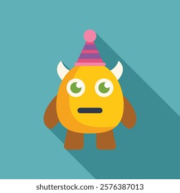 Funny yellow cartoon monster wearing birthday hat, looking surprised 