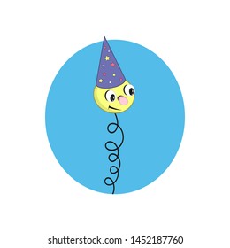 Funny yellow cartoon spring in a festive blue cap - with a head, eyes and mouth on a blue background.