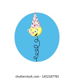 Funny yellow cartoon spring in a festive striped cap - with head, eyes and mouth on a blue background.