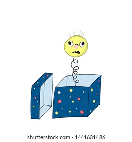 Funny yellow cartoon spring - with the head, eyes, hair and mouth looks out of the gift box and shows a toothless mouth.
