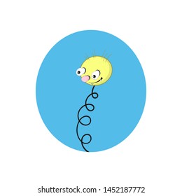 Funny yellow cartoon spring - with head, eyes and mouth on a blue background.