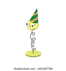 Funny yellow cartoon spring on a stand - with eyes, mouth and head in a festive green cap.