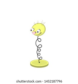Funny yellow cartoon spring on the stand - with eyes, mouth and head.