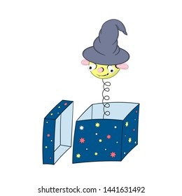 Funny yellow cartoon spring in a wizard's hat - with a head, ears, eyes and mouth looks out of a gift box and smiles.