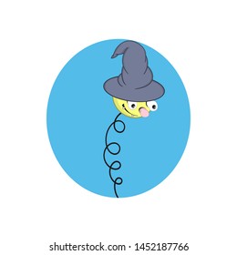 Funny yellow cartoon spring in a wizard's hat - with head, eyes and mouth on a blue background.