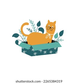 Funny yellow cat with a bow stands in a box with plants isolated on white background. Suitable for print on t shirt or card