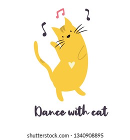 Funny yellow cat dancing to the music. Vector illustration. Character design. Pet collection