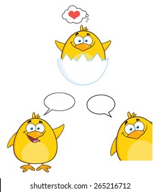 Funny Yellow Chick Cartoon Character Different Poses 3. Vector Collection Set Isolated On White